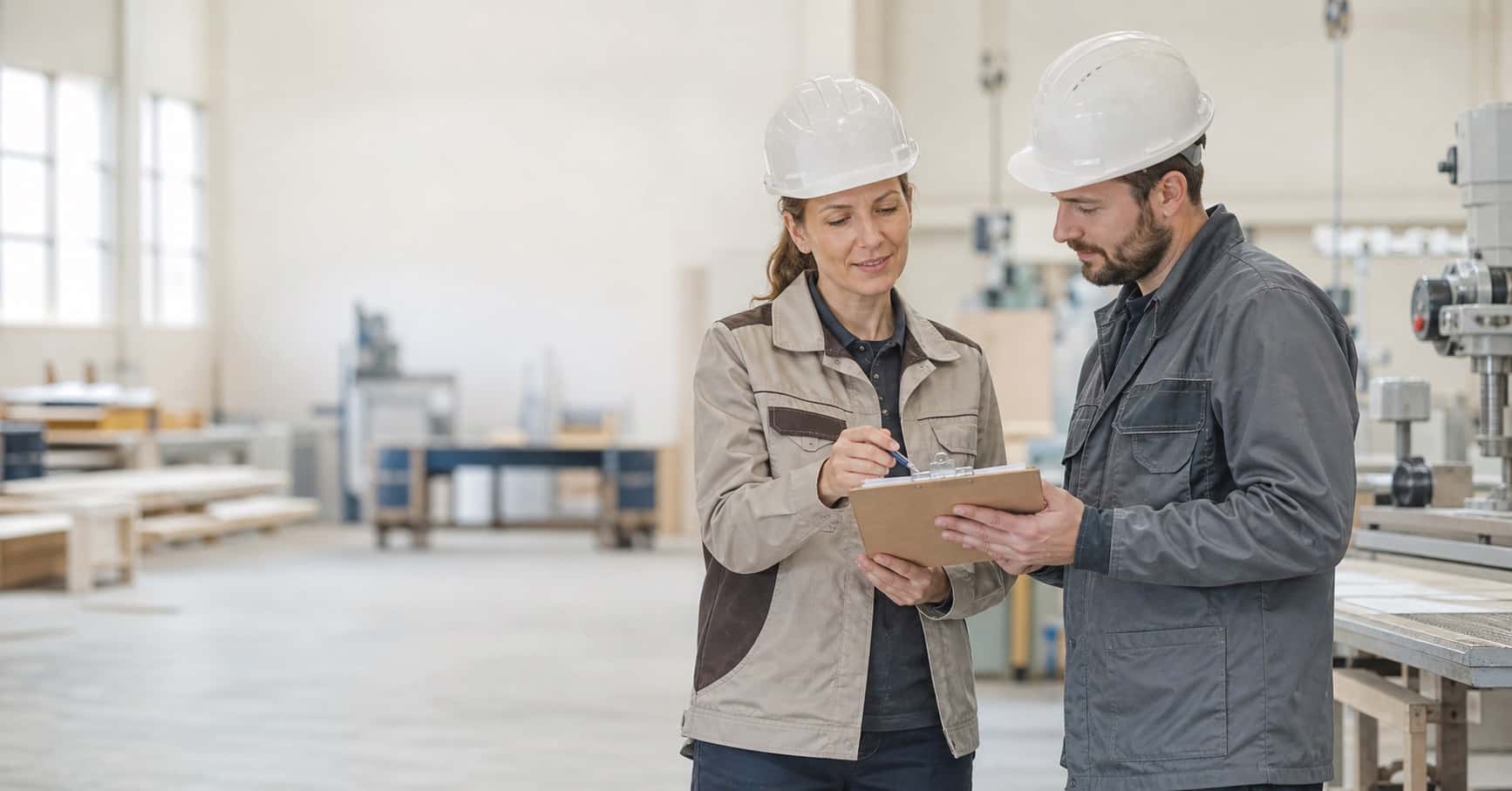 Fachkraft für Arbeitssicherheit mit Helm bei der Betriebsbegehung